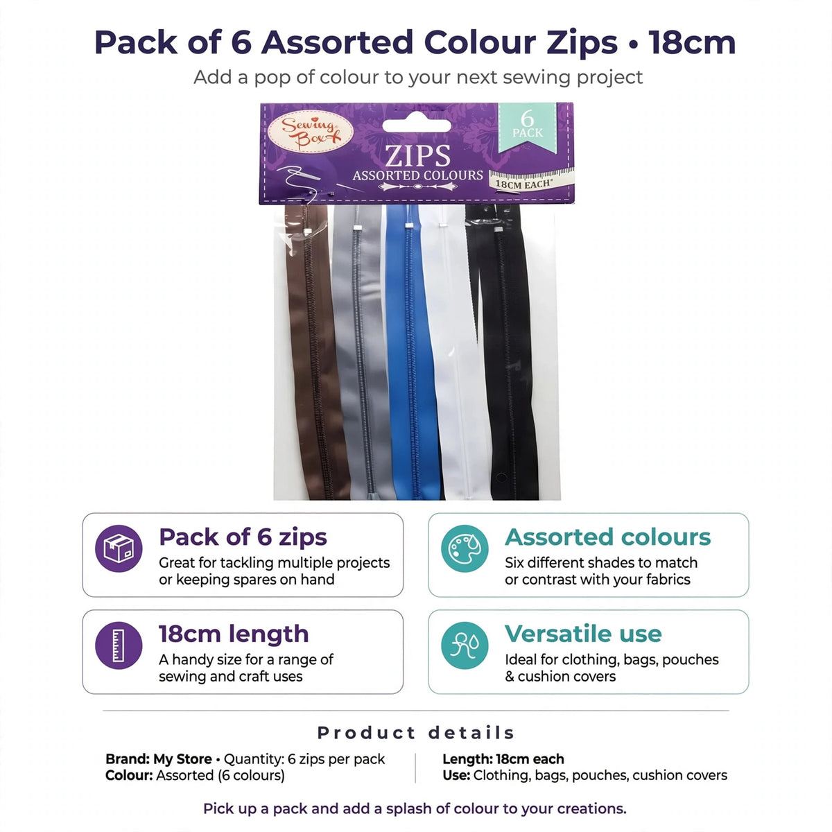 Infographic showing pack of 6 zips with assorted colours and 18cm length