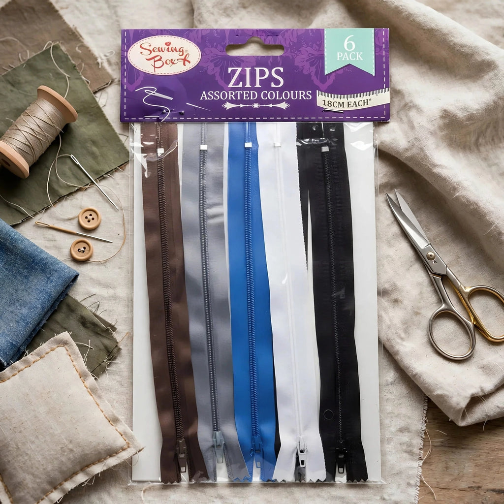 Assorted colour zips displayed for use in sewing projects like clothing repairs and cushions
