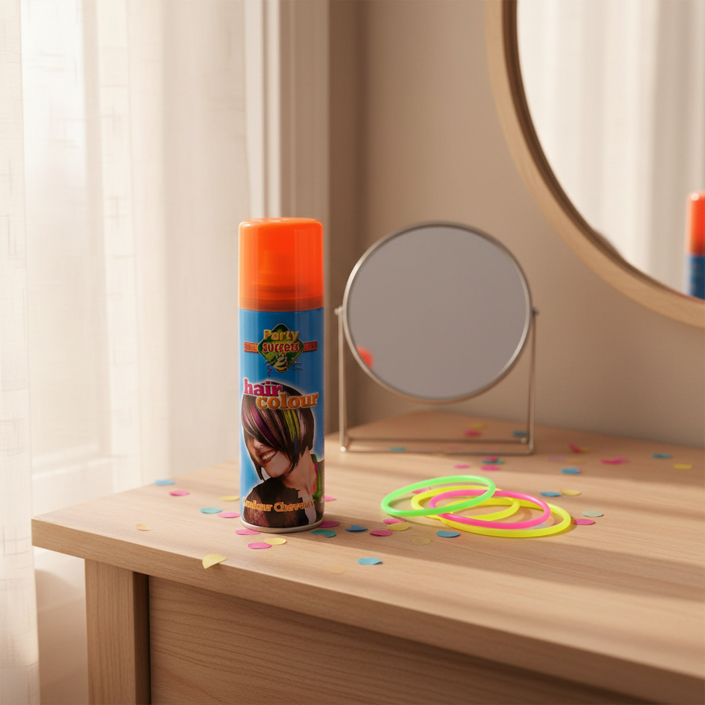 Party Success Fluorescent Orange Hair Colour Spray - Dressing Table Scene