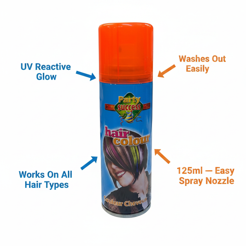 Party Success Fluorescent Orange Hair Colour Spray - Feature Infographic