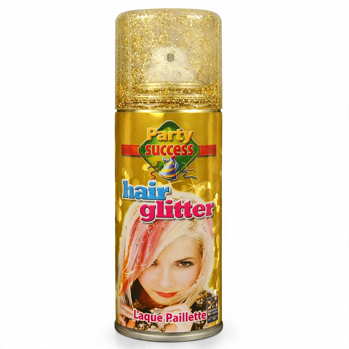 Detail view of Party Success Gold Glitter Hair Spray can showing gold glitter