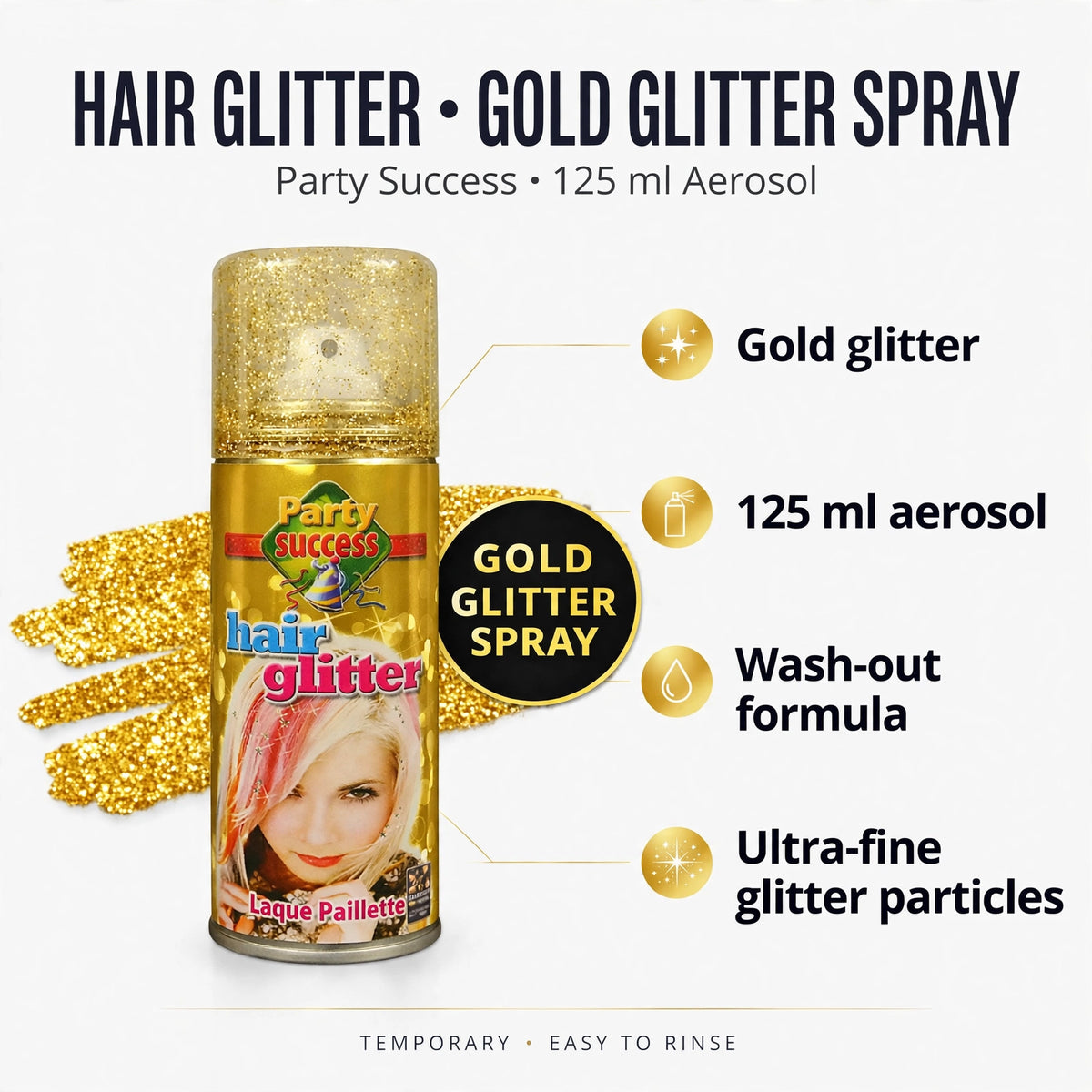 Infographic showing features of Party Success Gold Glitter Hair Spray with ultra-fine glitter particles