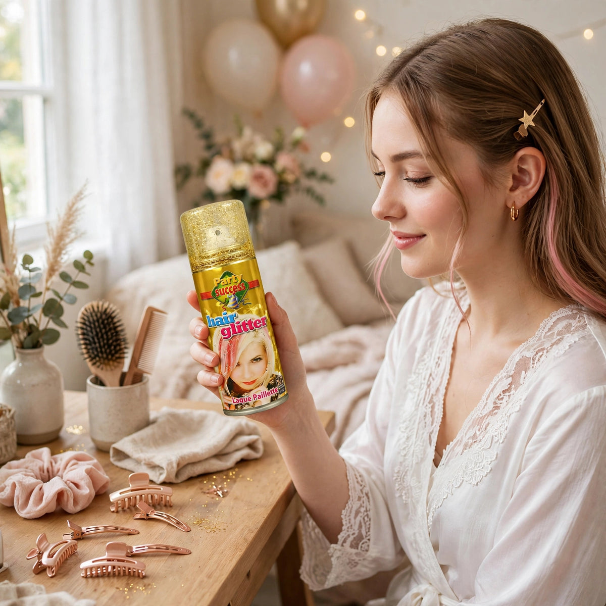 Party Success Gold Glitter Hair Spray used to add sparkle to hair at a festive event