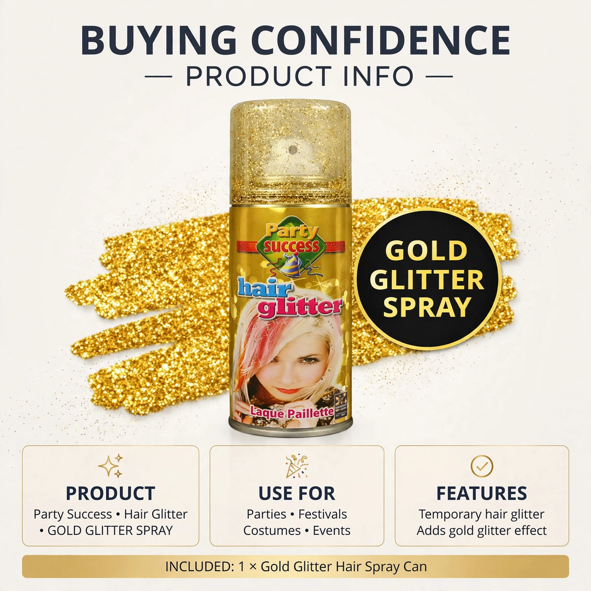 Party Success Gold Glitter Hair Spray adds golden shimmer and washes out with shampoo