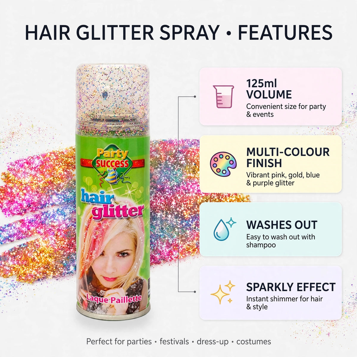Features of Party Success glitter hair spray including sparkly effect and wash-out capability