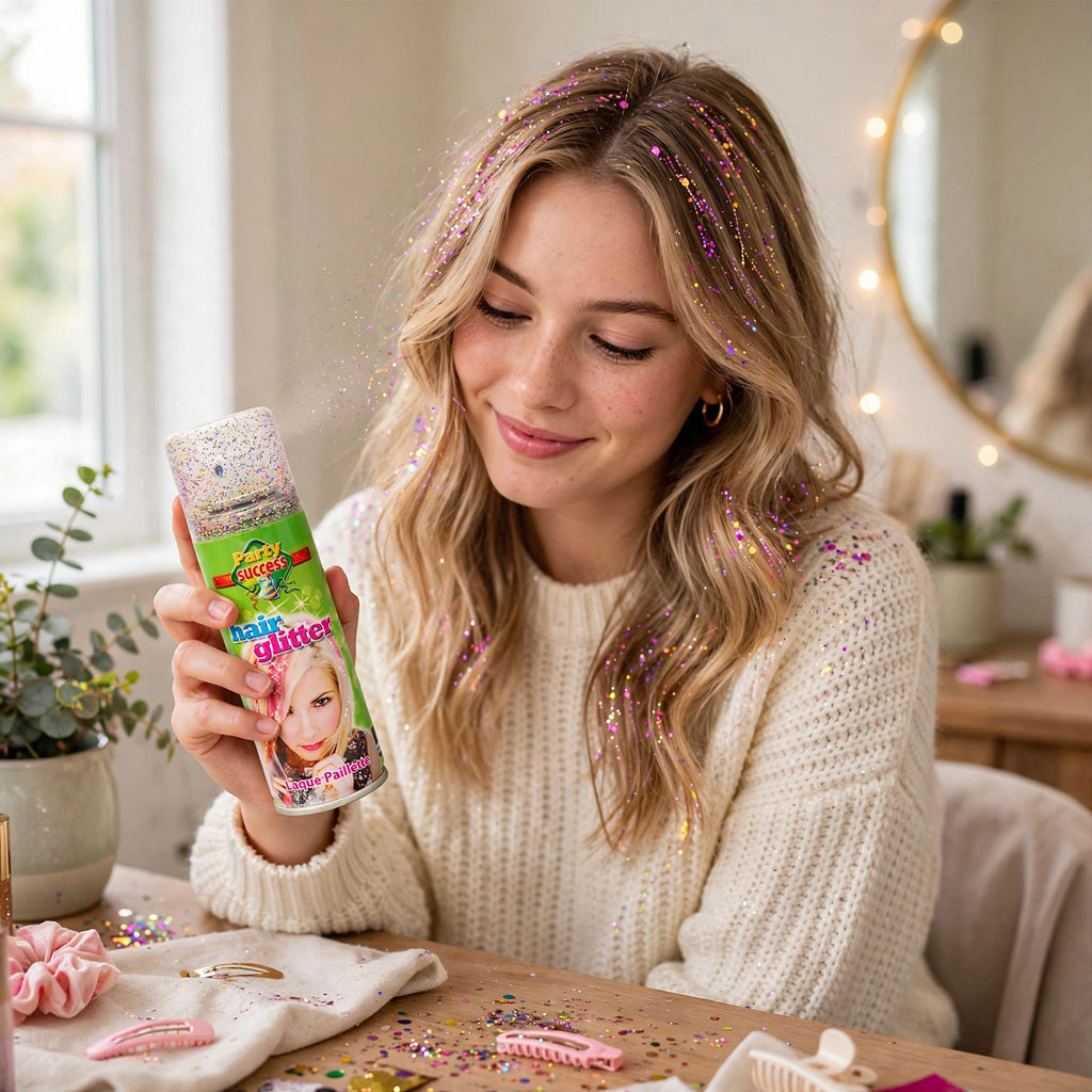 Multi-colour glitter hair spray displayed being used on hair for a festive occasion