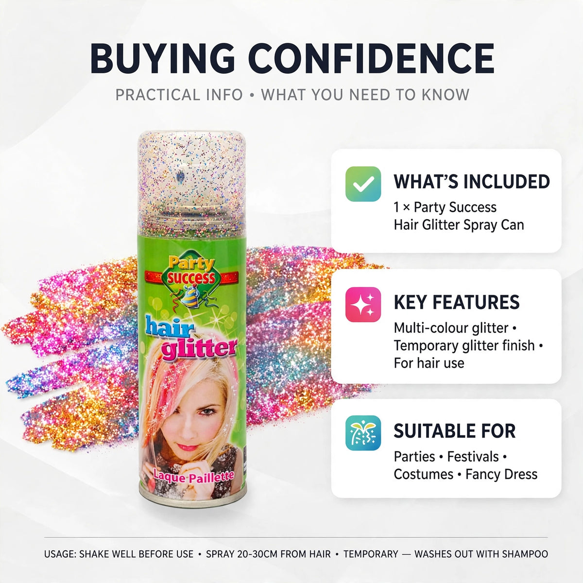 Practical glitter hair spray that washes out after use