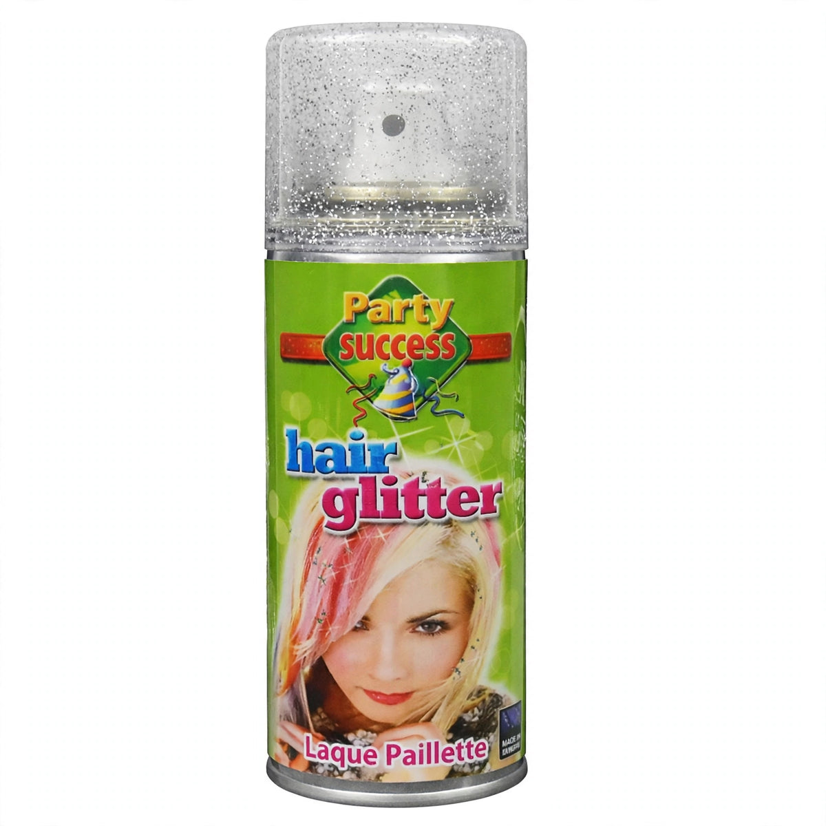 Detail view of Party Success Silver Glitter Hair Spray can highlighting its silver color
