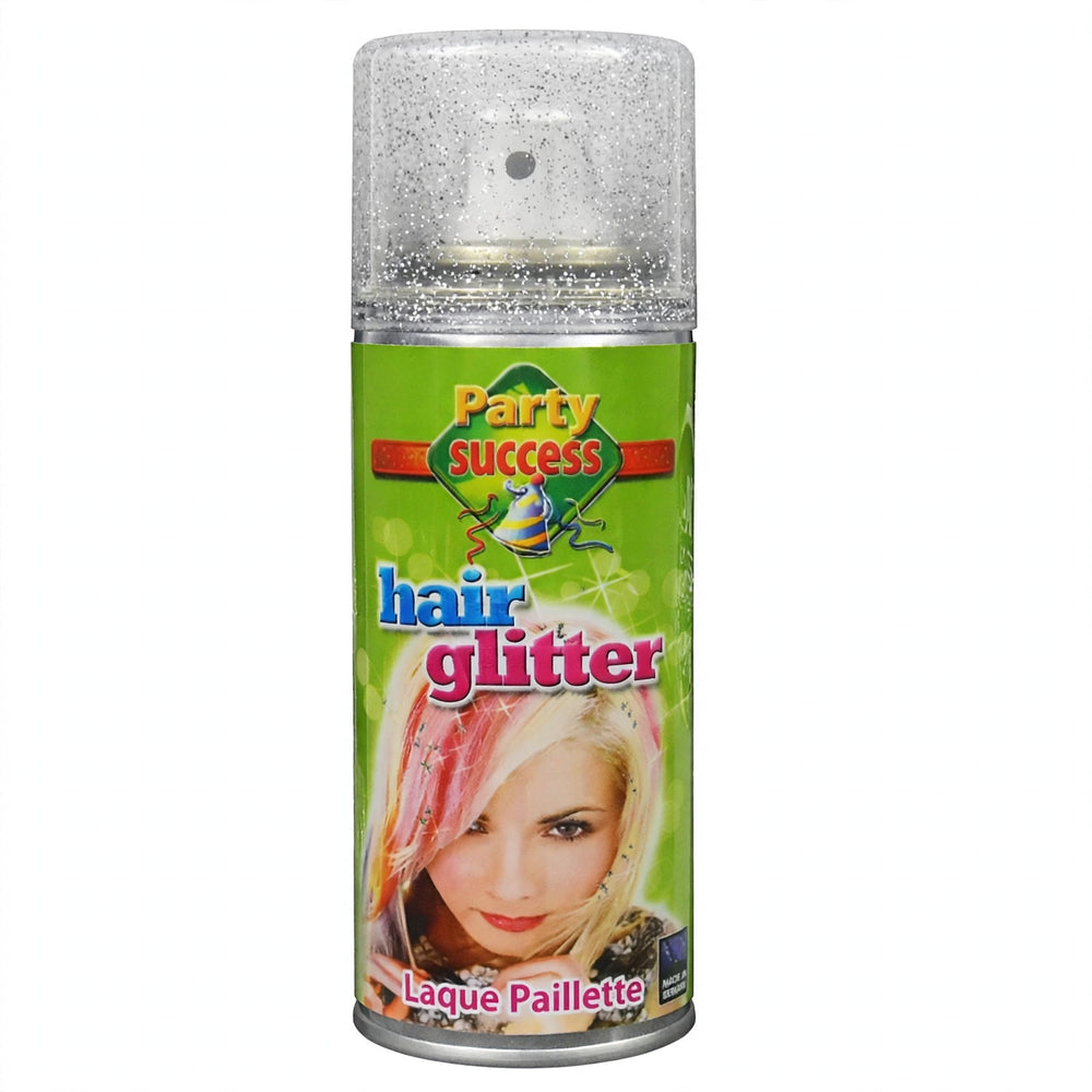 Party Success Silver Glitter Hair Spray in a 125 ml aerosol can with silver glitter
