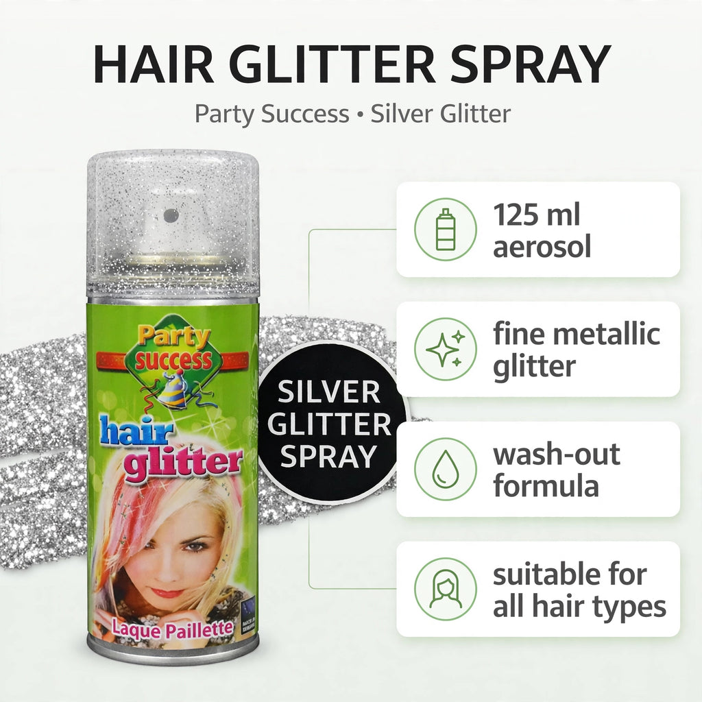 Features of Party Success Silver Glitter Hair Spray including fine metallic glitter and lightweight formula