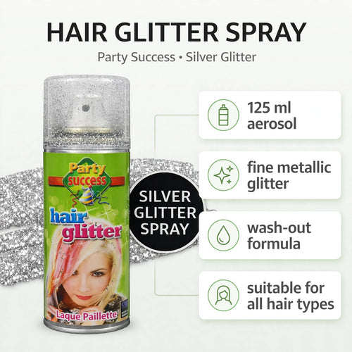 Features of Party Success Silver Glitter Hair Spray including fine metallic glitter and lightweight formula