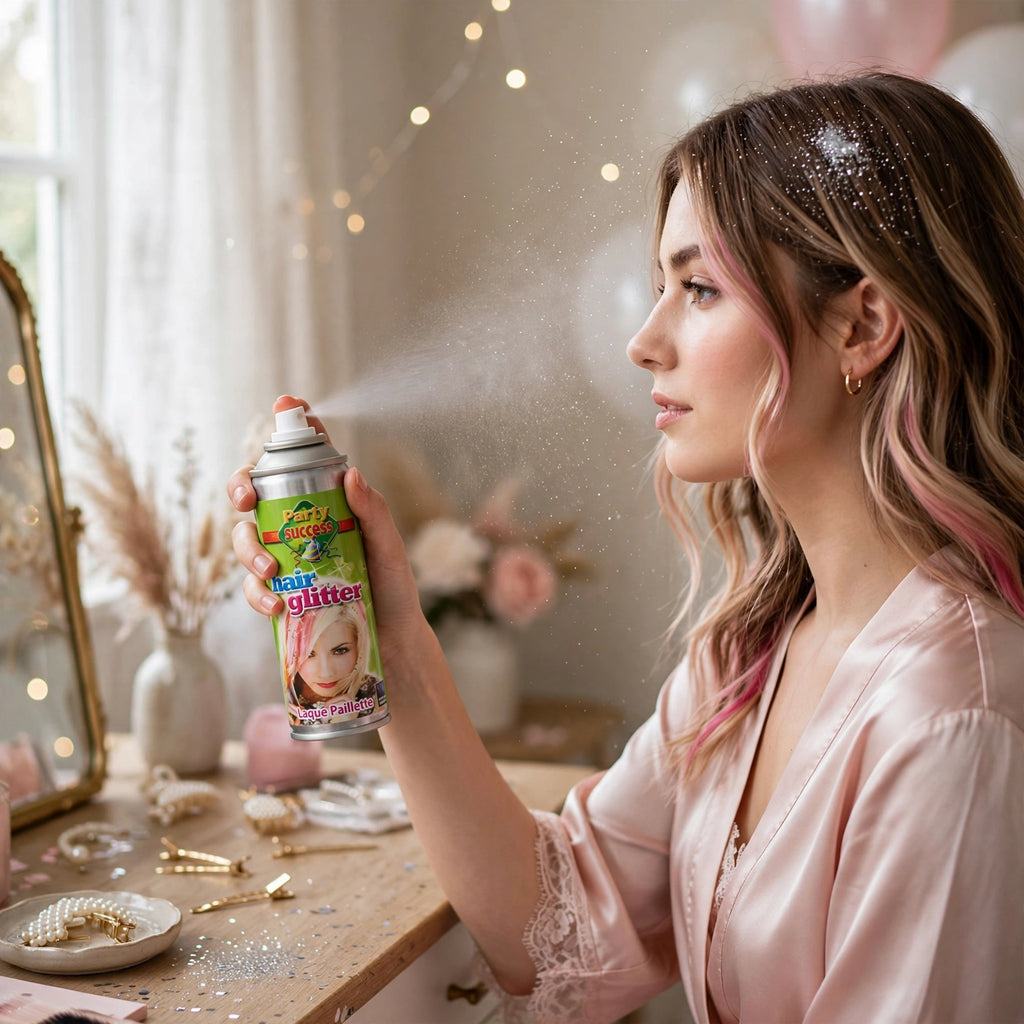 Party Success Silver Glitter Hair Spray being used to add sparkle to hair at a festive event