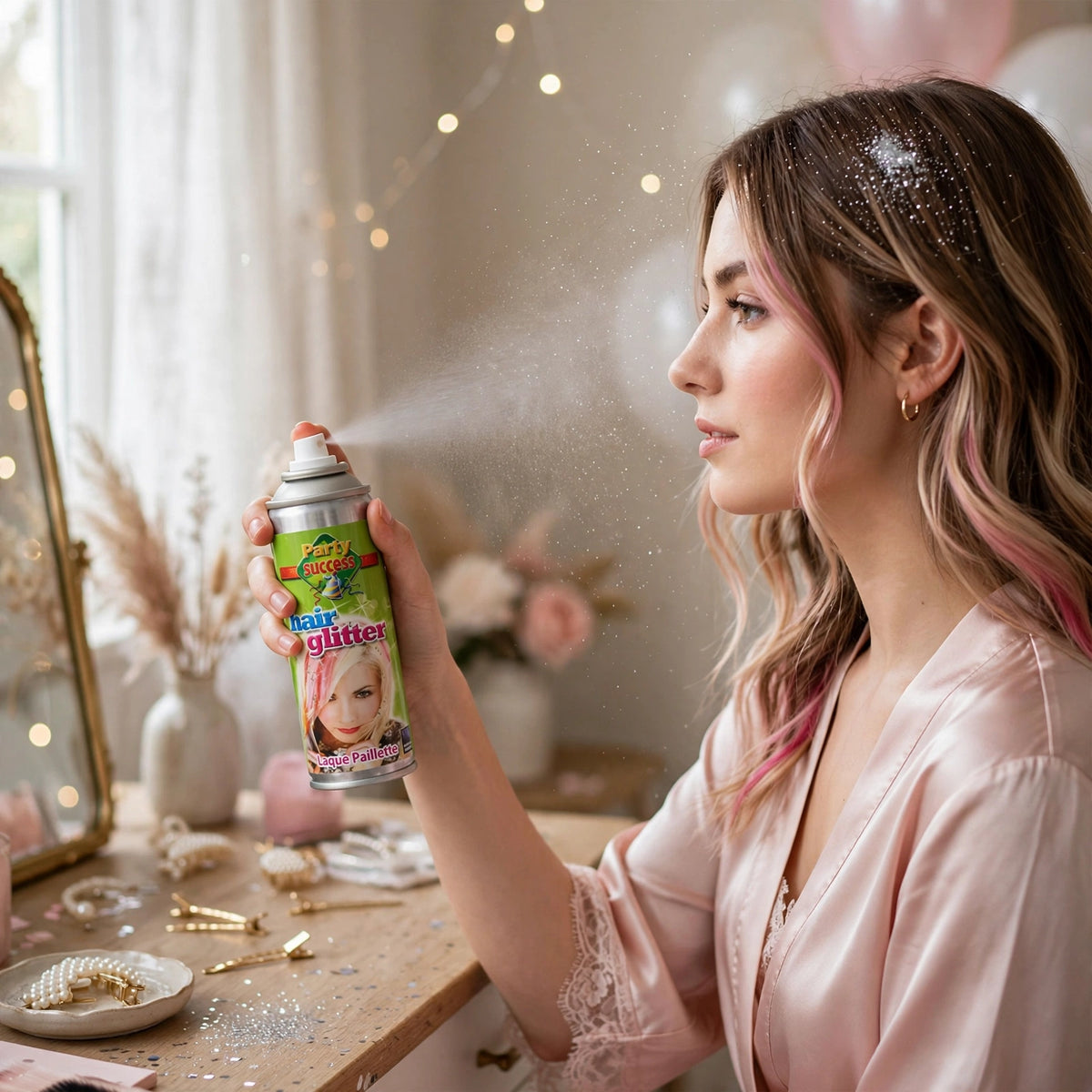 Party Success Silver Glitter Hair Spray being used to add sparkle to hair at a festive event