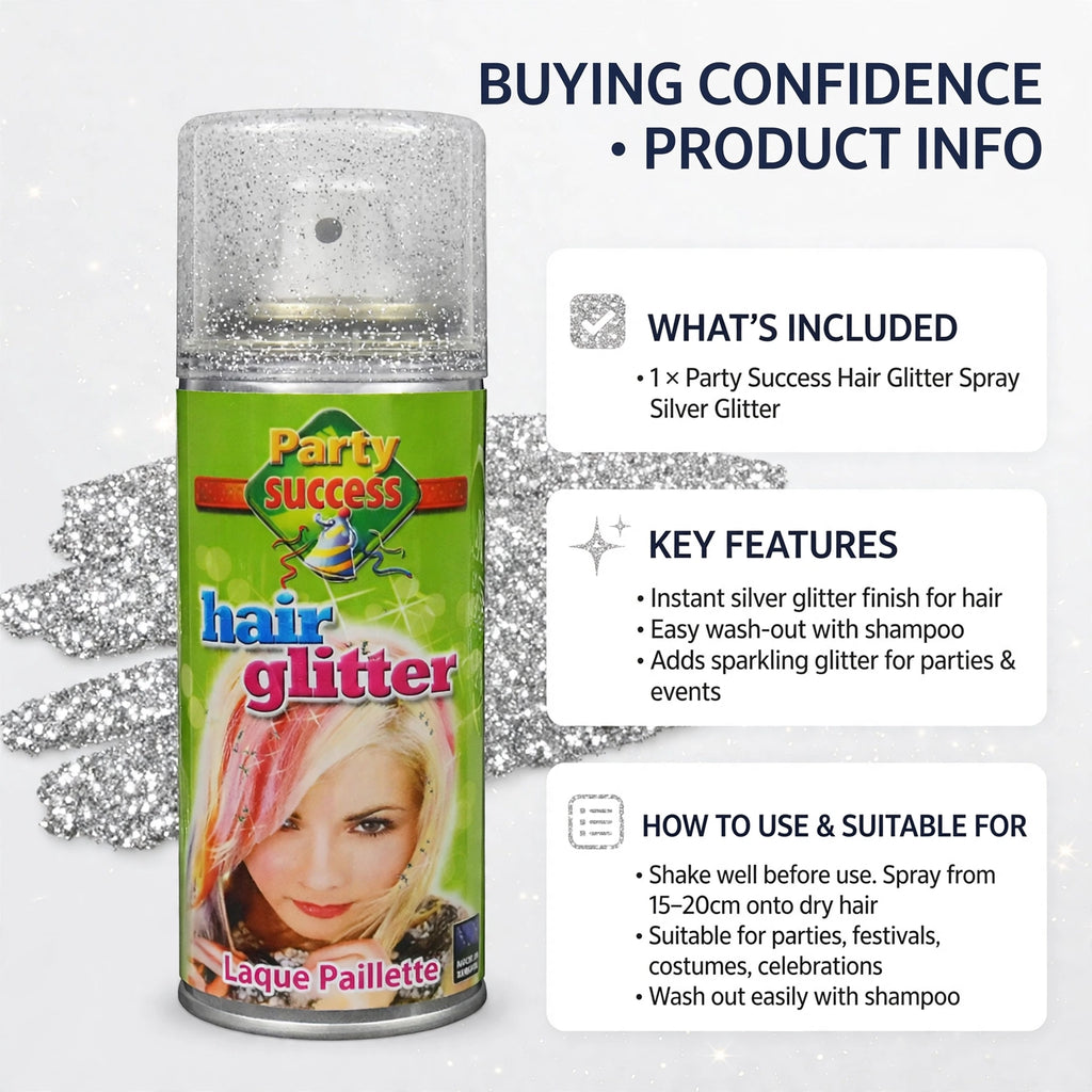 Information on Party Success Silver Glitter Hair Spray showing it is suitable for easy wash-out and multiple applications