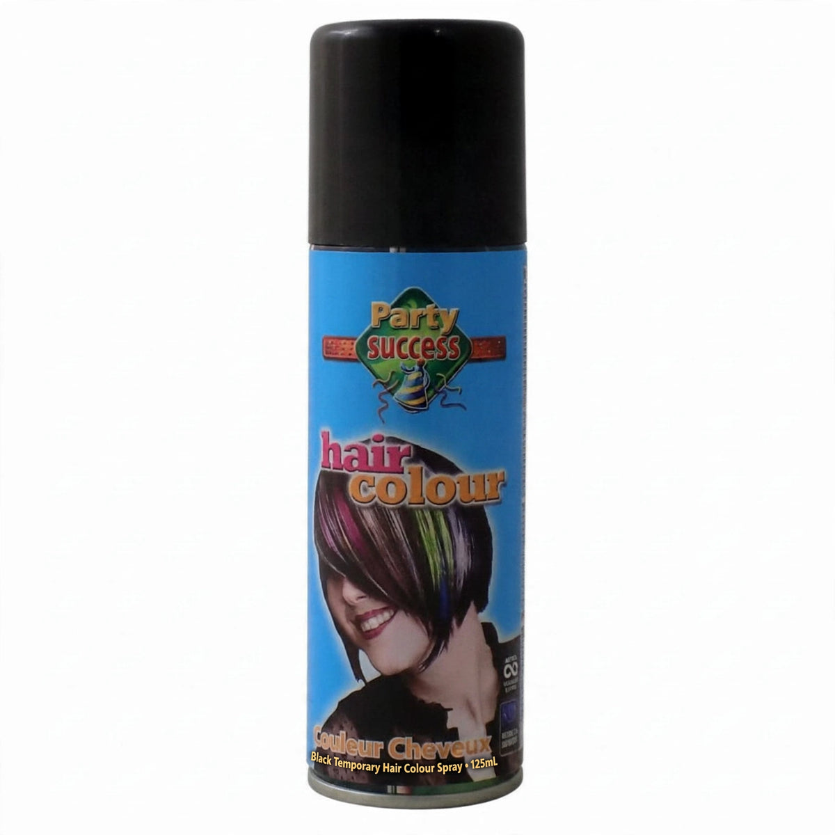 Party Success Black Temporary Hair Colour Spray 125ml showing glossy black colour for hair styling.