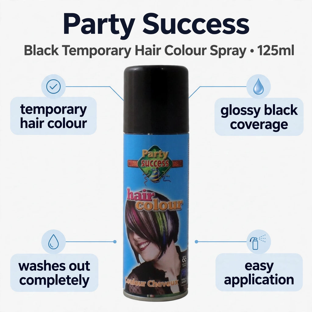 Infographic highlighting the features of Party Success Black Temporary Hair Colour Spray.