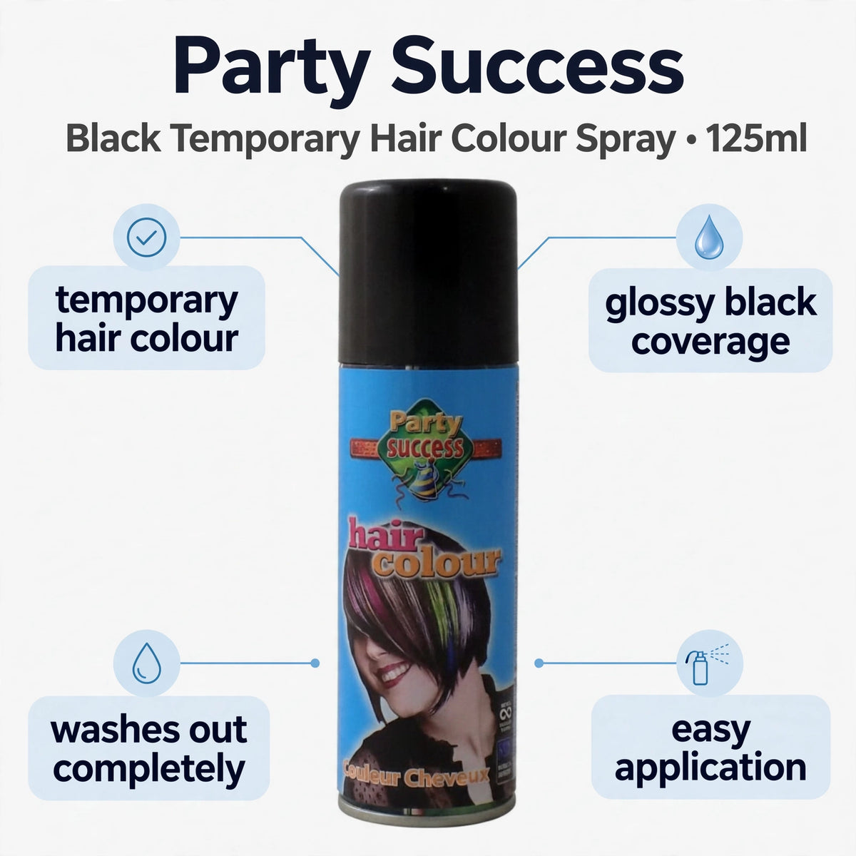 Infographic highlighting the features of Party Success Black Temporary Hair Colour Spray.