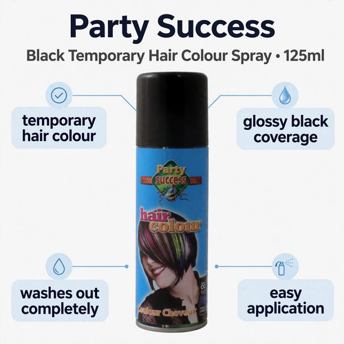 Infographic highlighting the features of Party Success Black Temporary Hair Colour Spray.