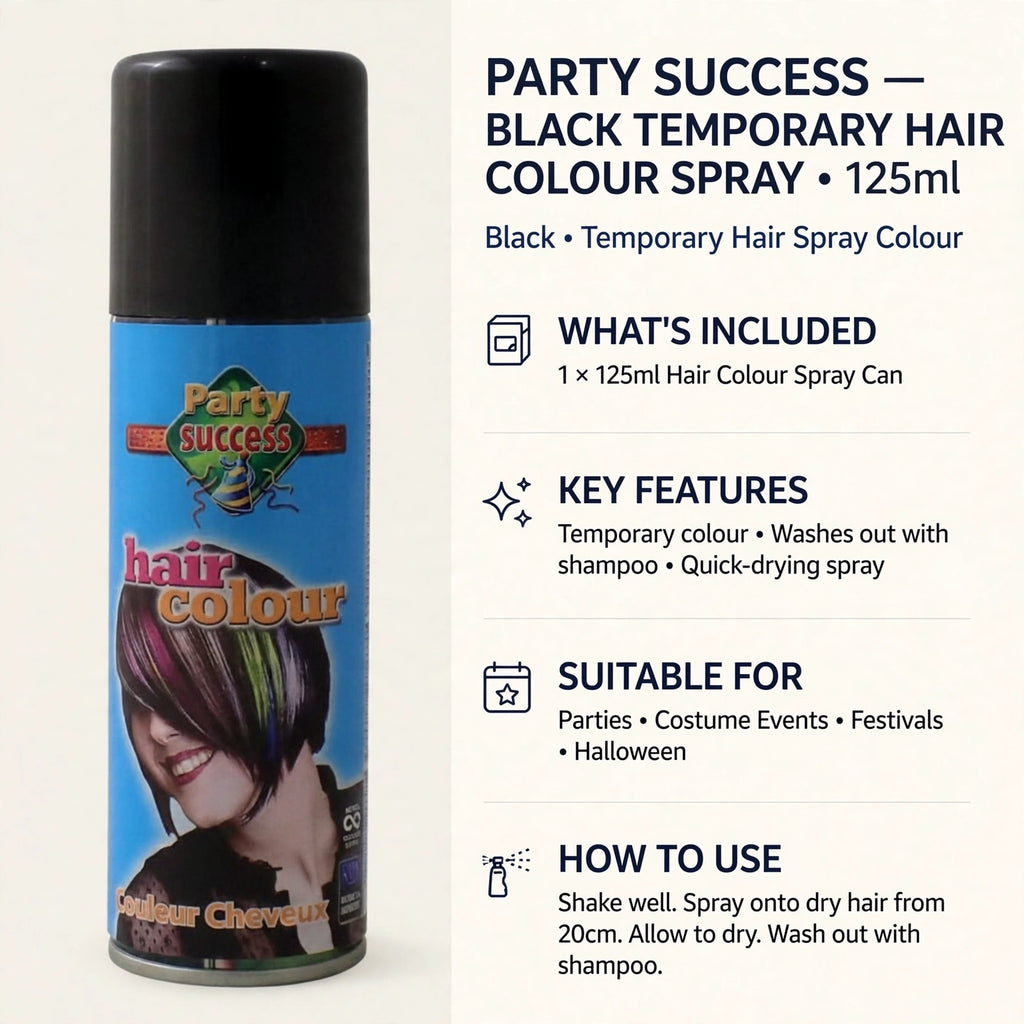 Practical information for Party Success Black Temporary Hair Colour Spray.
