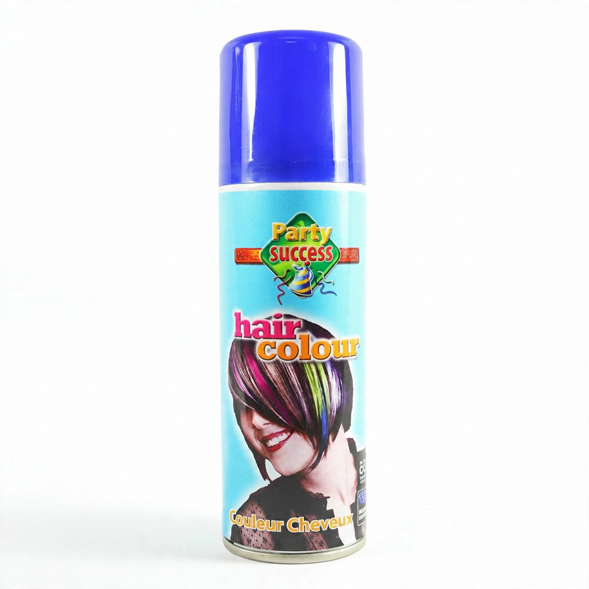 Detail view of the Party Success blue temporary hair colour spray can