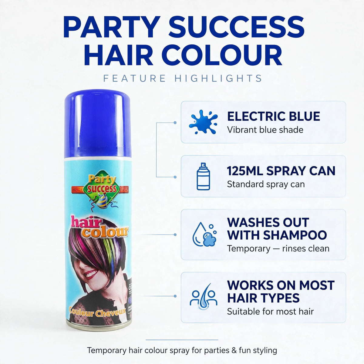 Electric blue temporary hair colour spray features, including wash-out with shampoo