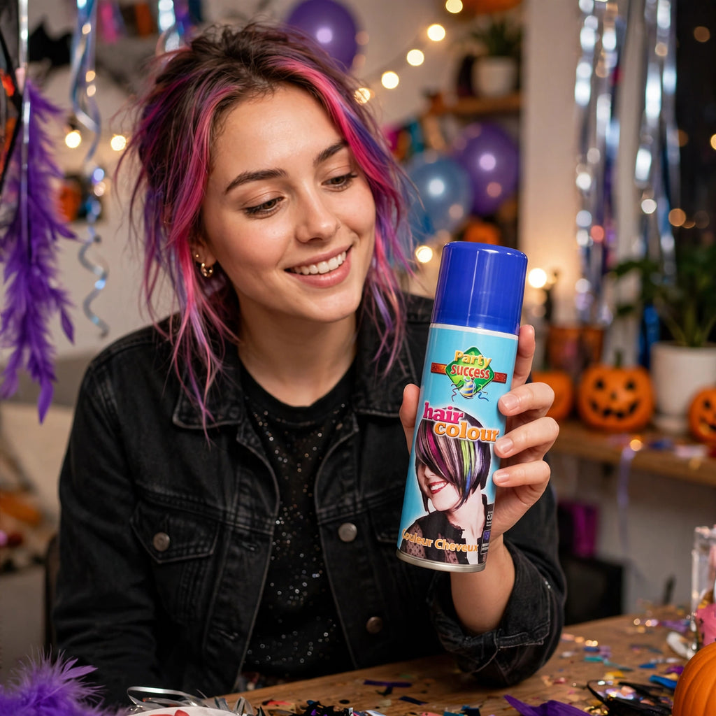 Party Success blue temporary hair colour spray being applied to dry hair before an event