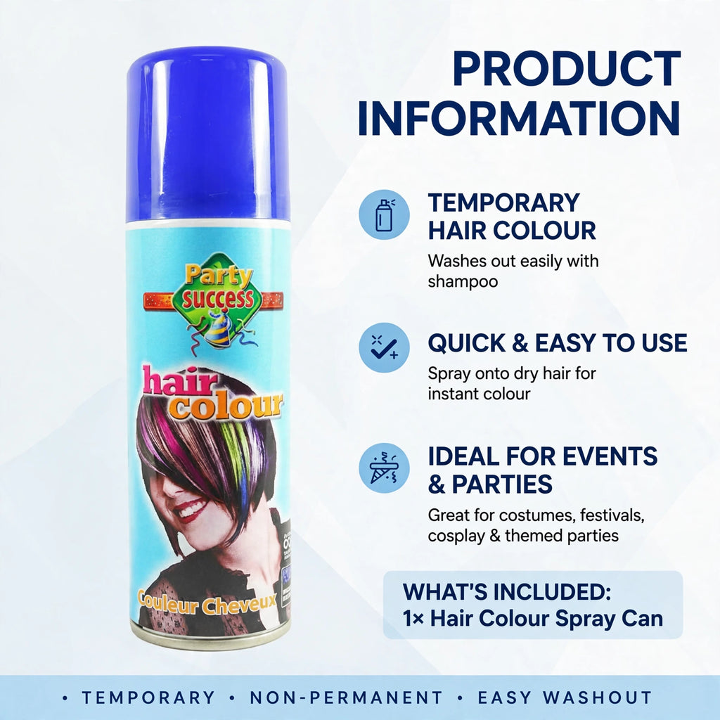 Information on using the blue temporary hair colour spray, suitable for most hair types