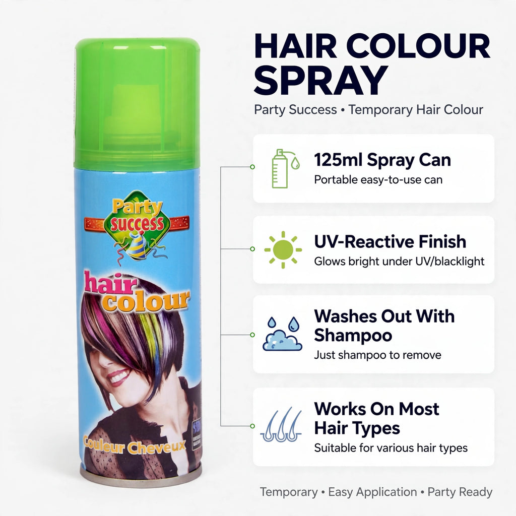 Infographic showing features of fluorescent green hair colour spray