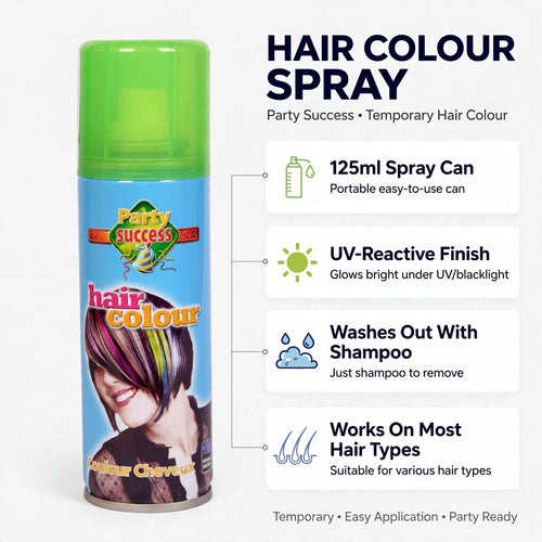 Infographic showing features of fluorescent green hair colour spray