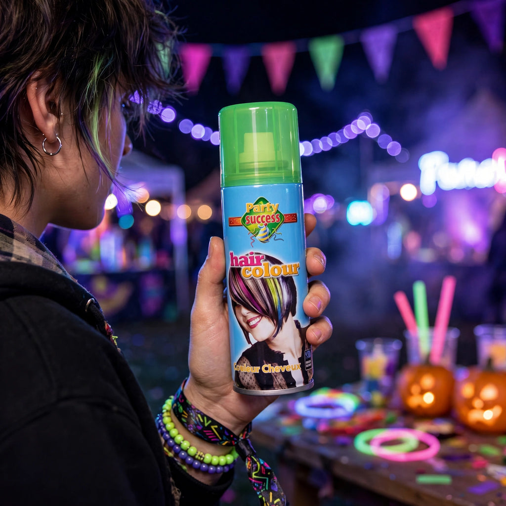 Fluorescent green temporary hair colour spray being used for a night out