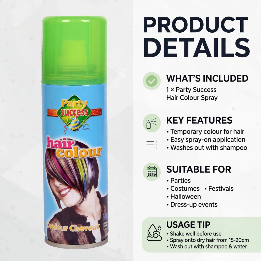 Product information for fluorescent green hair colour spray that washes out with shampoo