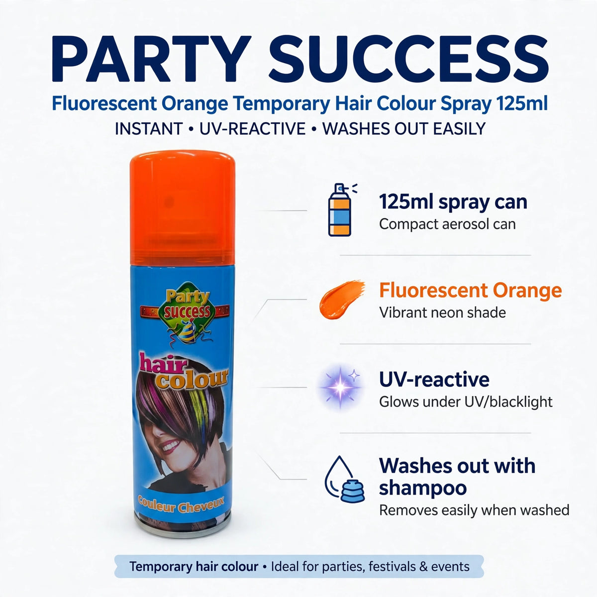 Features of the fluorescent orange hair colour spray including UV-reactive finish.
