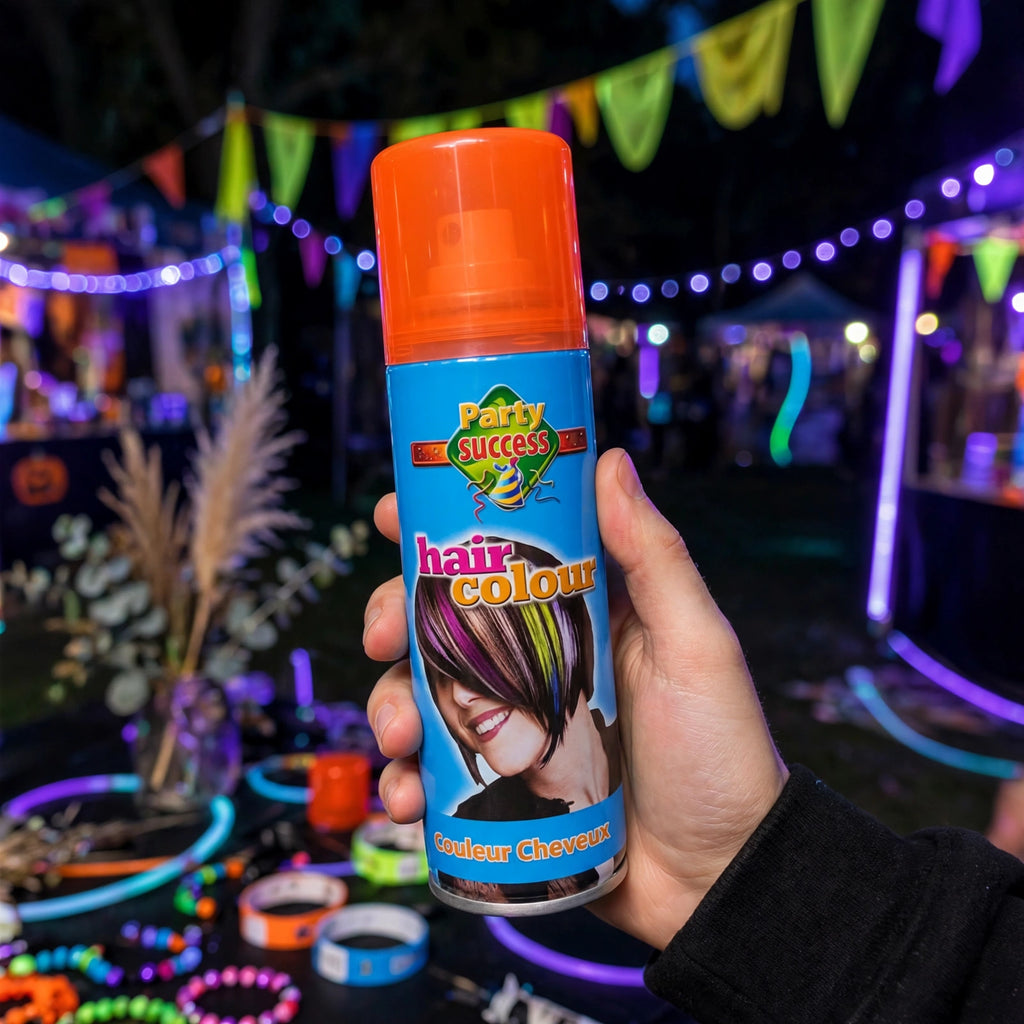 Fluorescent orange hair colour spray being used at a UV party.
