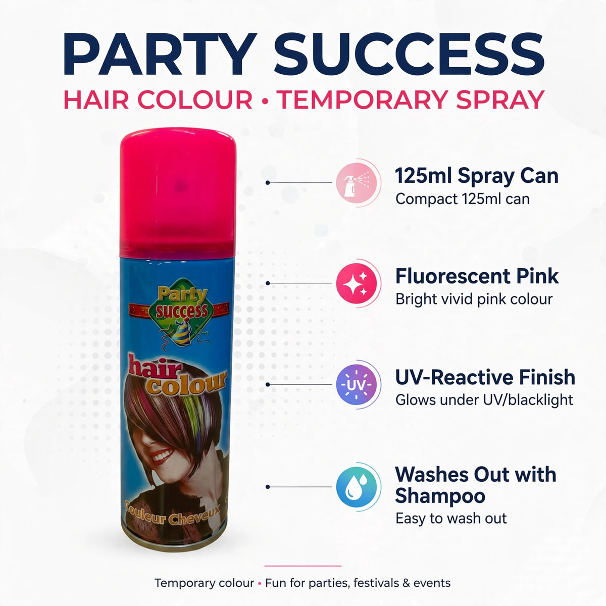 Infographic detailing features of fluorescent pink temporary hair colour spray
