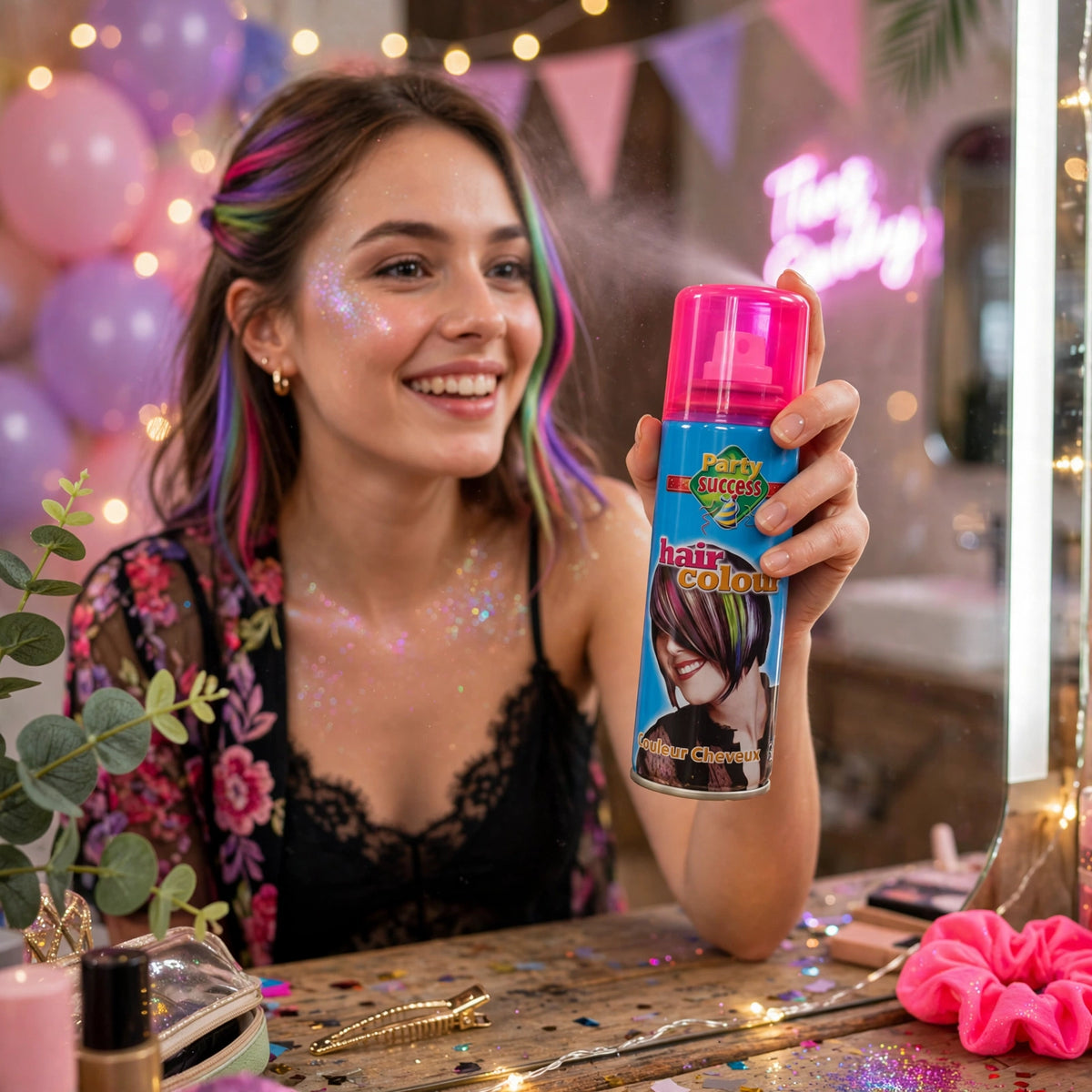 Fluorescent pink hair colour spray applied for a UV party setting