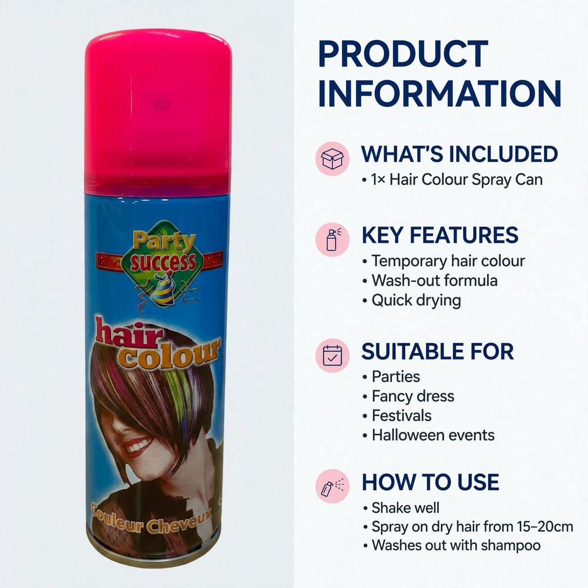 Fluorescent pink temporary hair colour spray washes out with shampoo after use