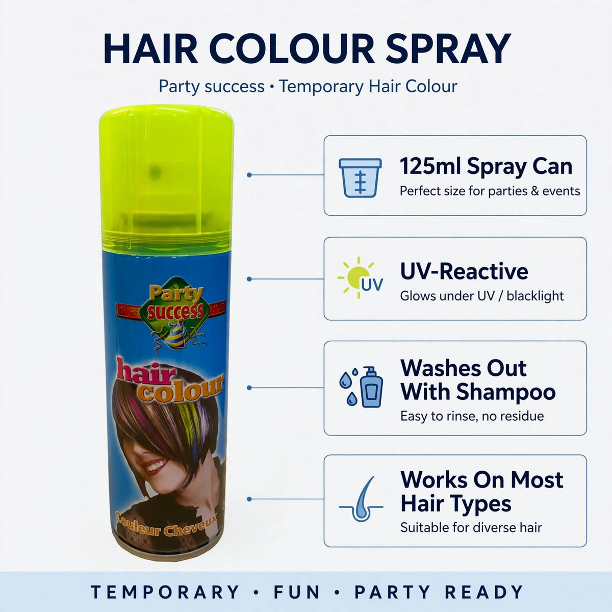 Features of fluorescent yellow temporary hair colour spray including UV-reactive and wash out with shampoo