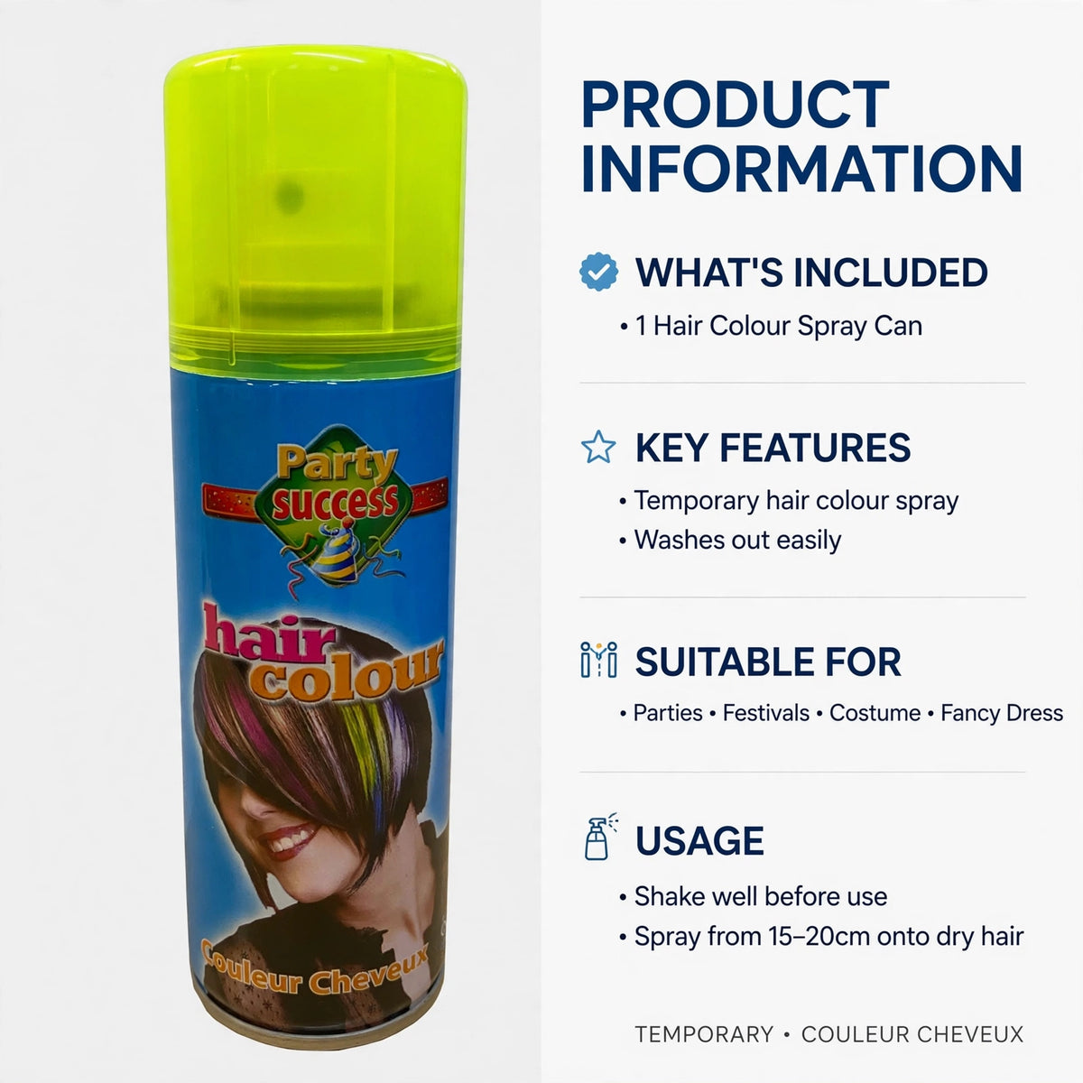 Temporary hair colour spray that washes out with shampoo, suitable for festivals and neon themed events