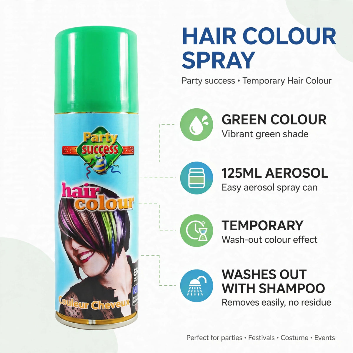 Infographic detailing features of Party Success Green Temporary Hair Colour Spray