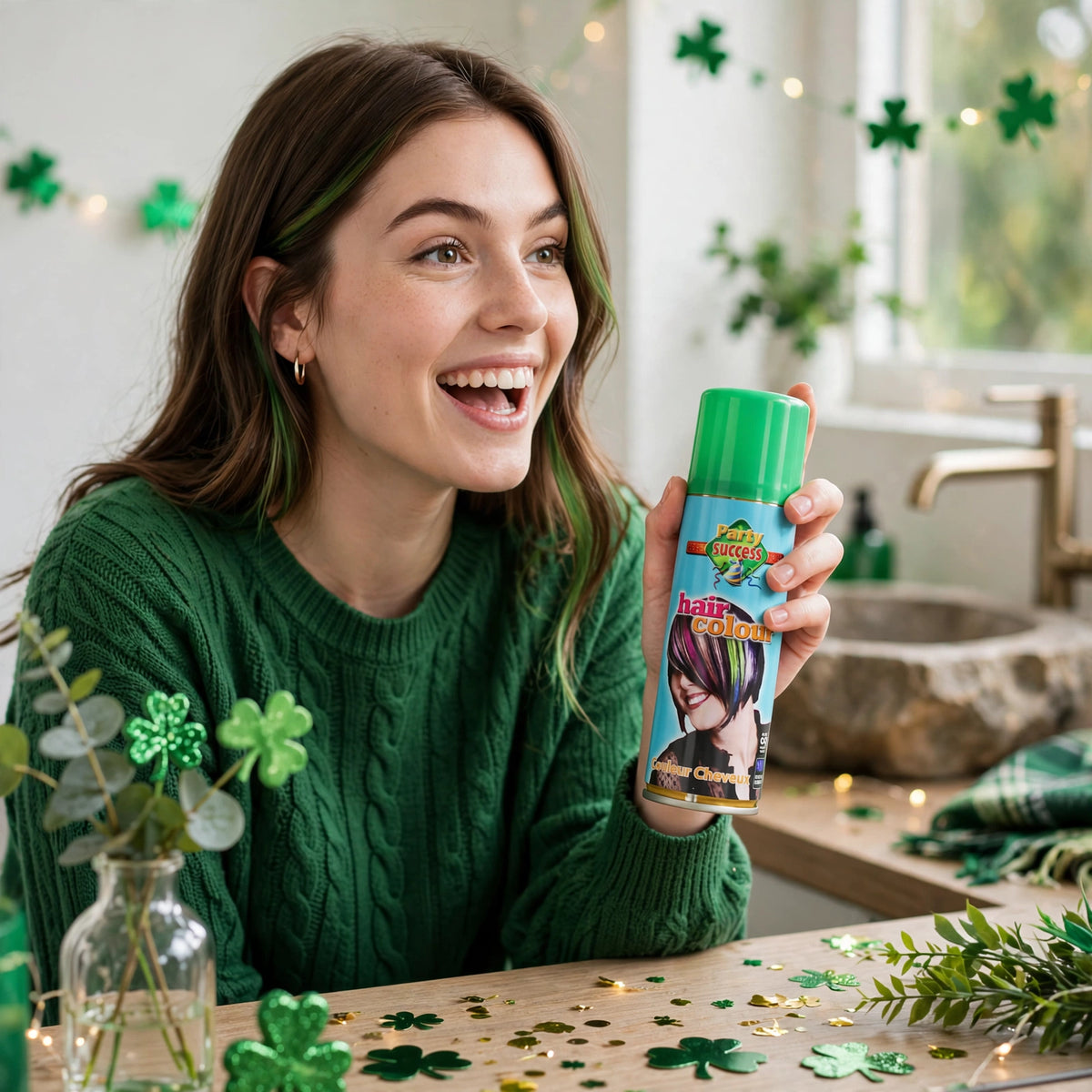 Party Success Green Temporary Hair Colour Spray applied to hair for a festive look