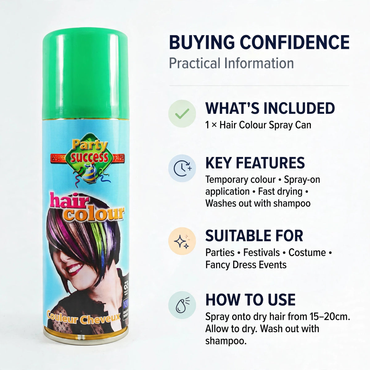 Information on using Party Success Green Temporary Hair Colour Spray