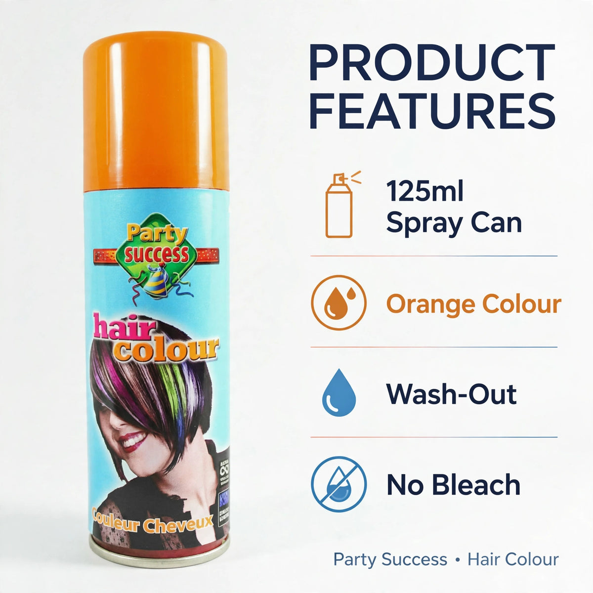 Infographic showing features of orange temporary hair colour spray