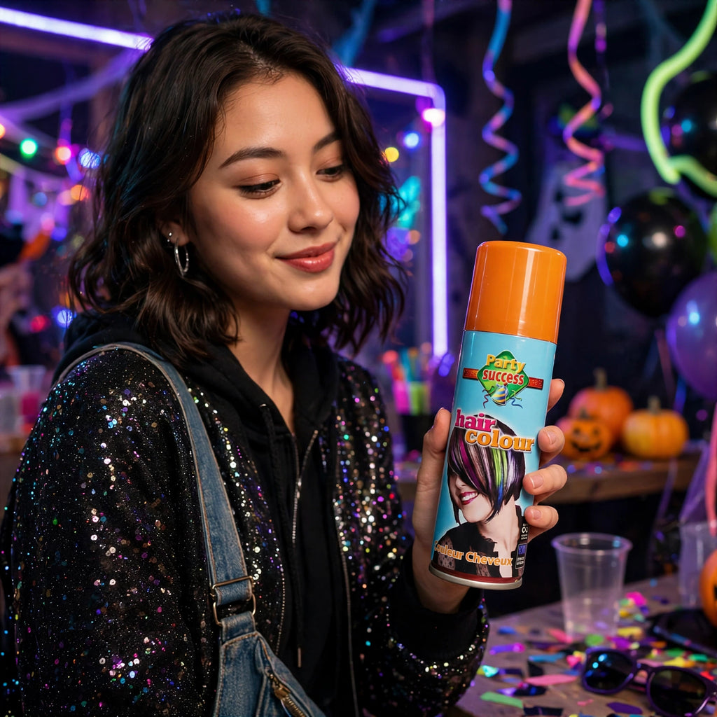 Orange temporary hair colour spray applied to hair before an event