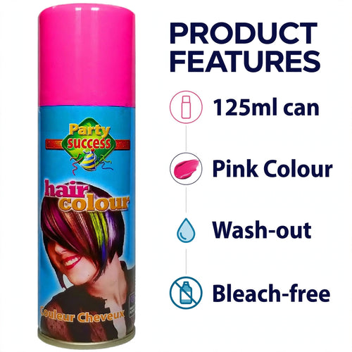 Features of the pink temporary hair colour spray including wash-out and bleach-free