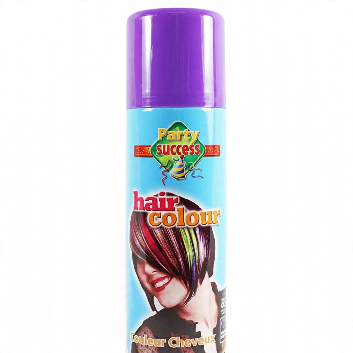 Detail view of Party Success purple temporary hair colour spray can