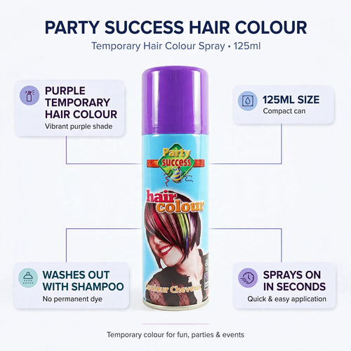 Party Success temporary hair colour spray features including easy spray application and wash out