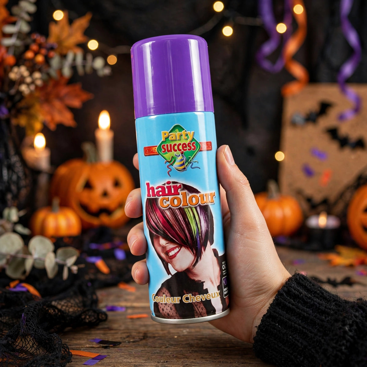 Party Success purple temporary hair colour spray applied on dry hair for a festive look