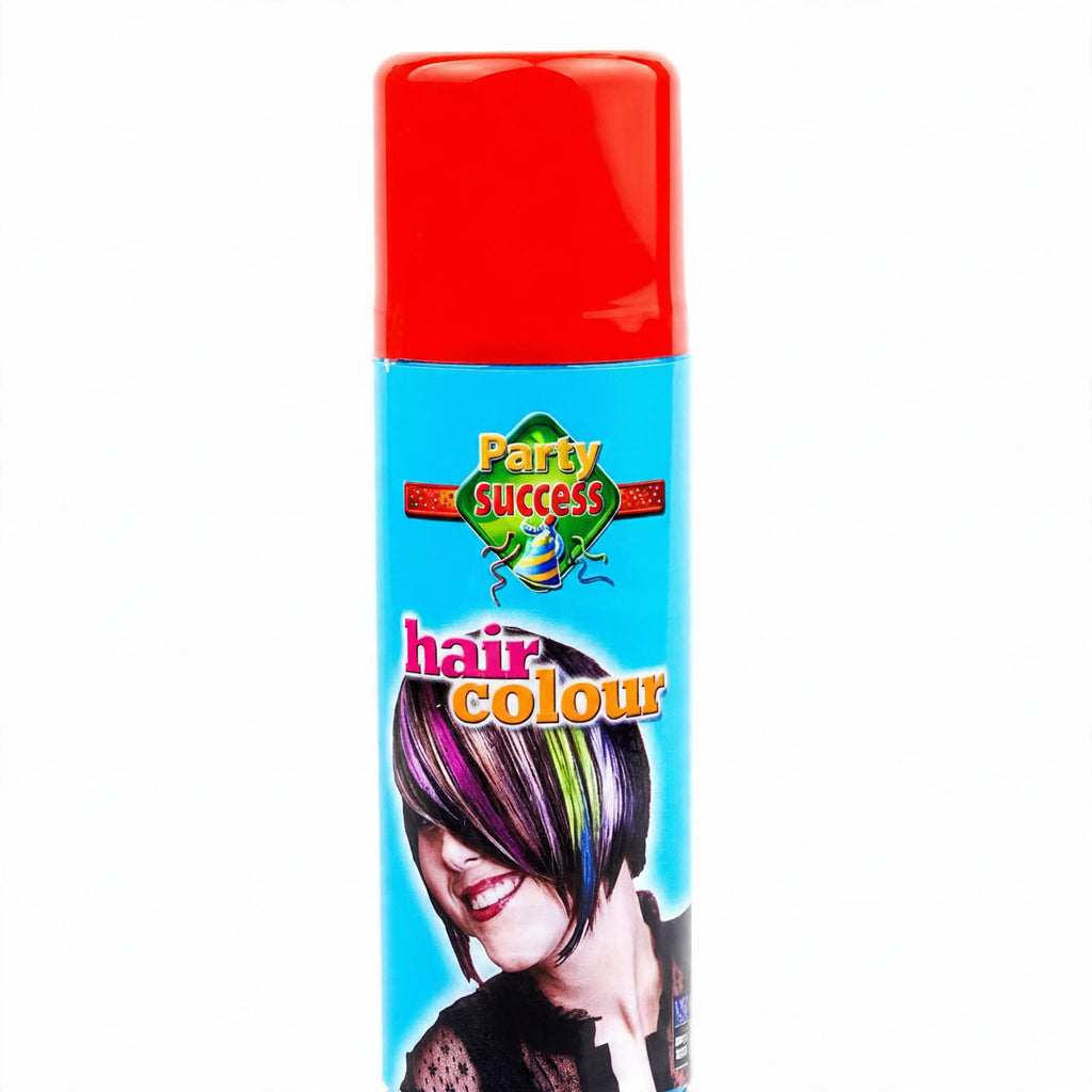 Detail view of bold red temporary hair colour spray can