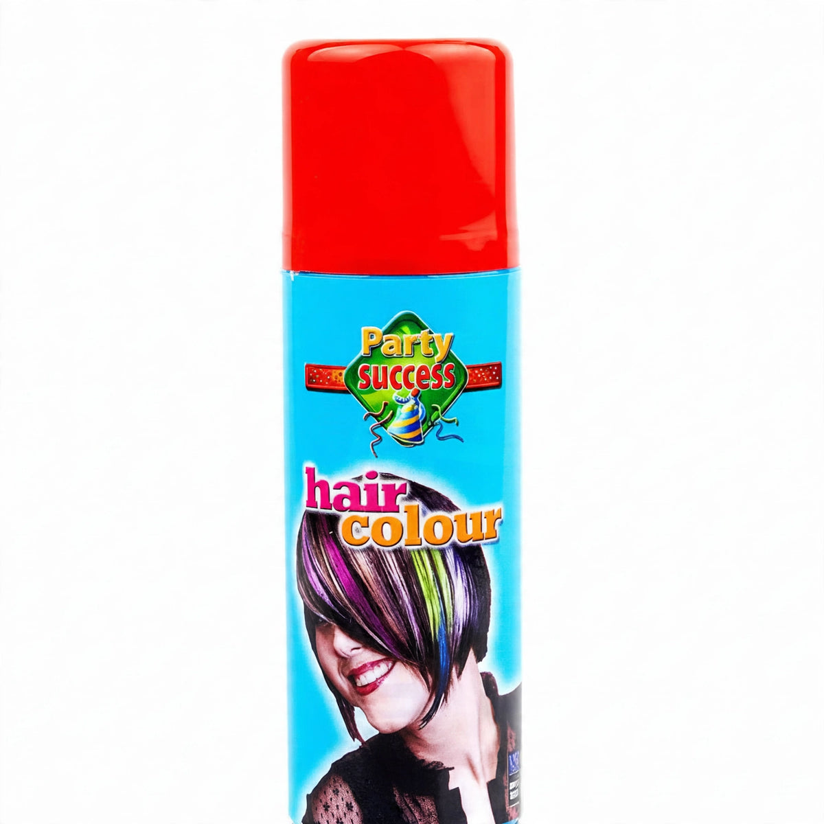 Detail view of bold red temporary hair colour spray can
