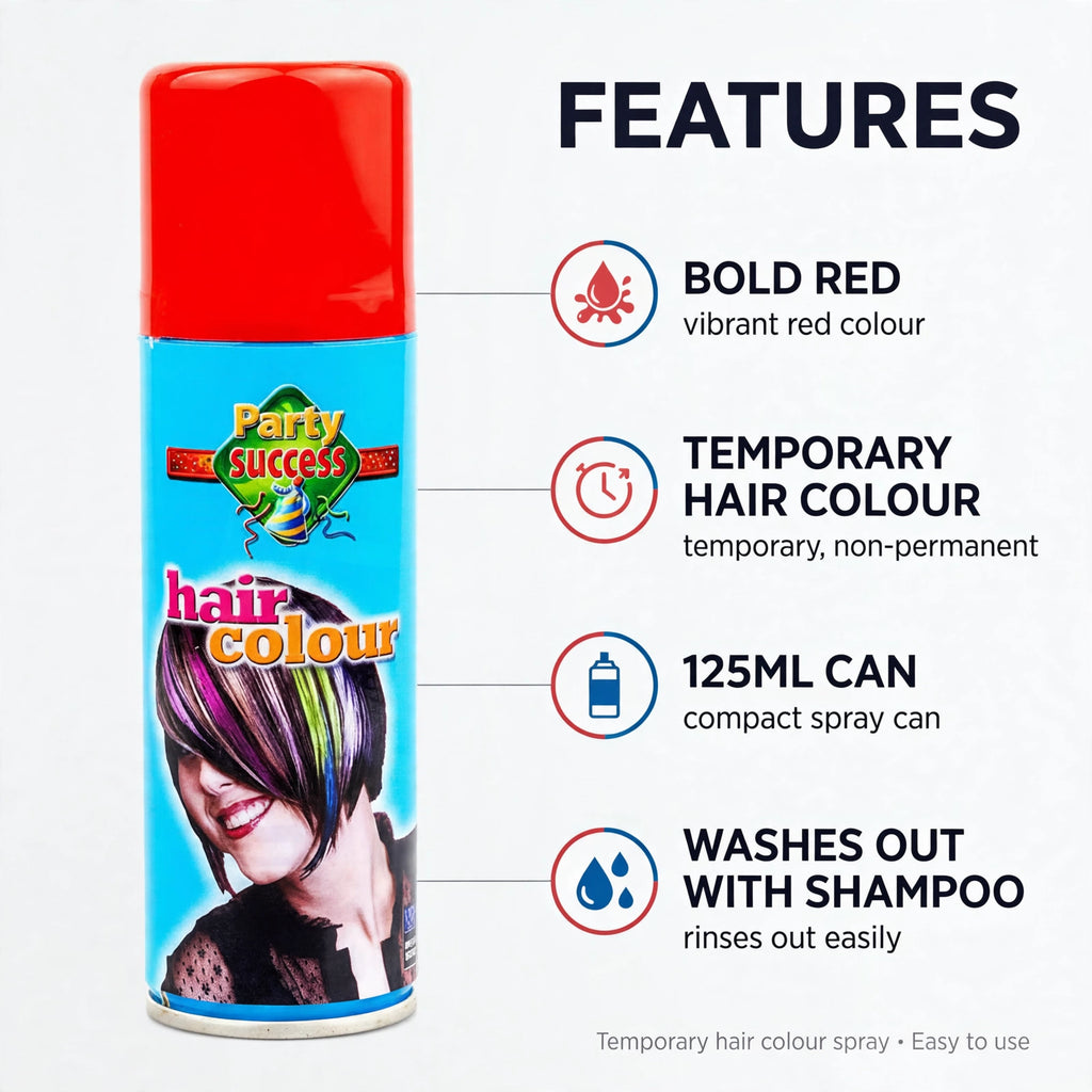 Infographic highlighting bold red temporary hair colour spray features